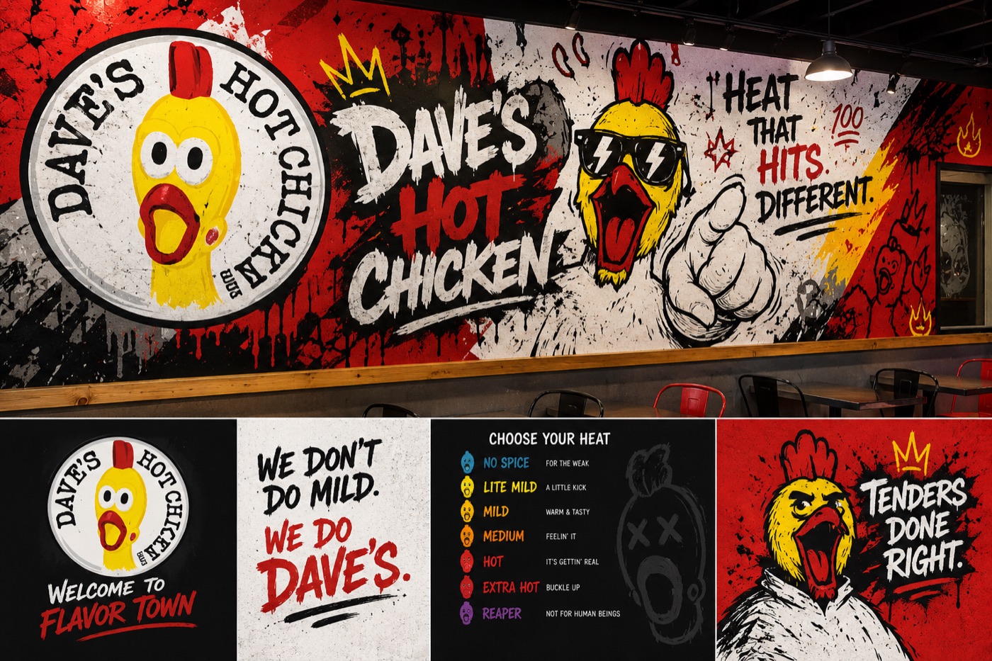 Dave's Hot Chicken restaurant interior wall murals with bold branded graphics